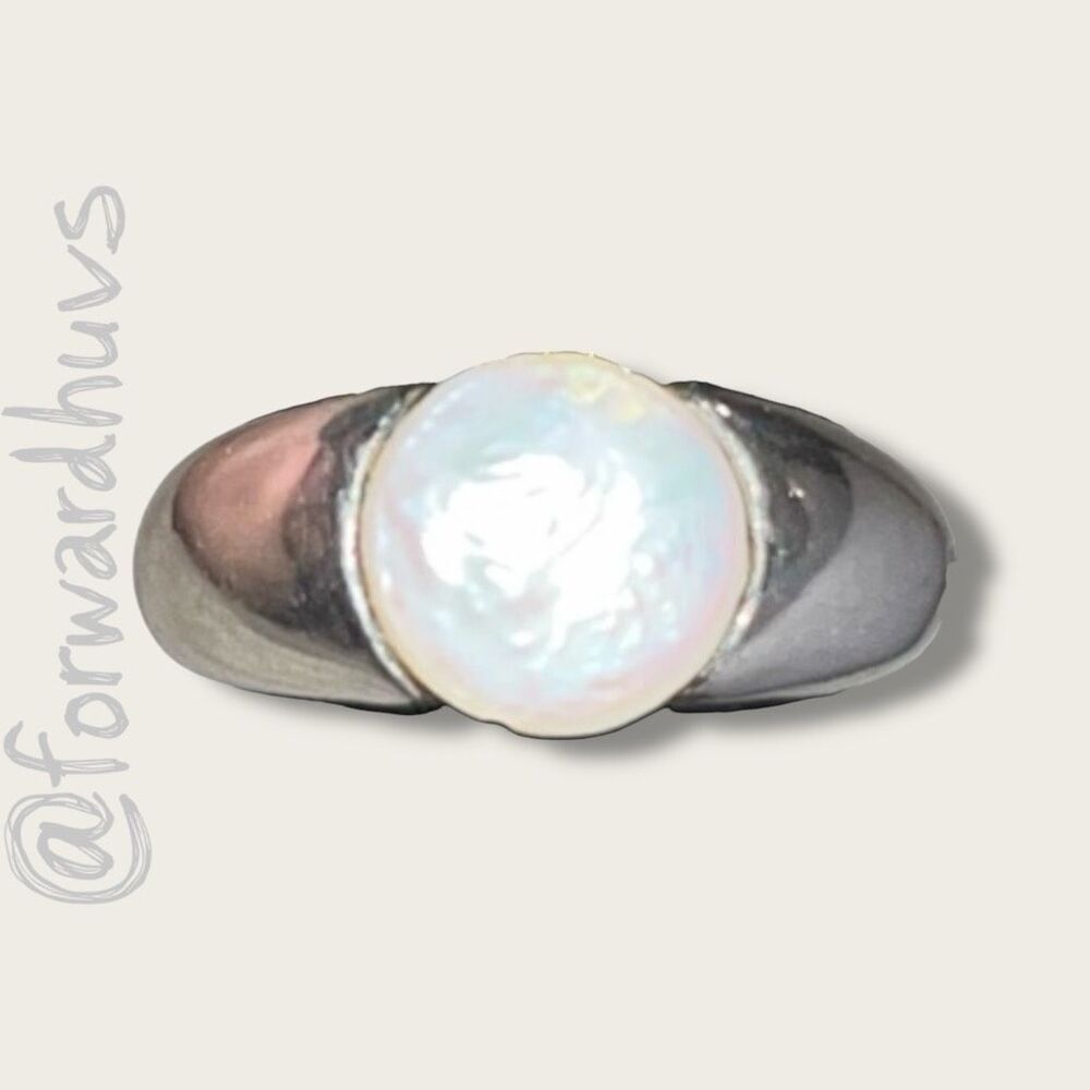 925 Sterling Silver Coin Pearl Ring – Size 8